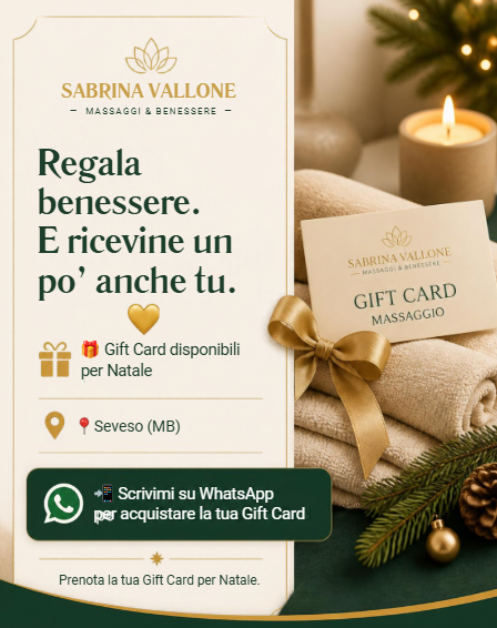 Grafica natalizia per SV massaggi e benessere a Seveso: "Regala benessere. E ricevine un po’ anche tu.", Gift Card e contatto WhatsApp