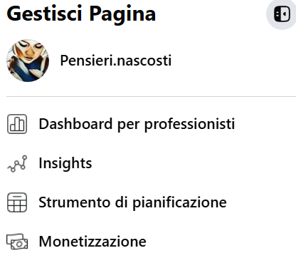 Pannello "Gestisci Pagina" di Facebook per la community Pensieri.nascosti, con dashboard, insights, pianificazione e monetizzazione