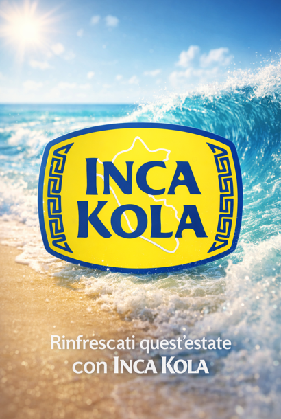 Poster estivo Inca Kola con il logo su un’onda del mare