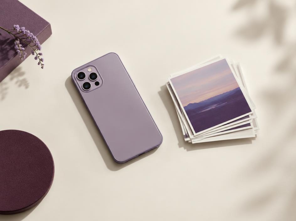 Smartphone e fotografie stampate su fondo avorio